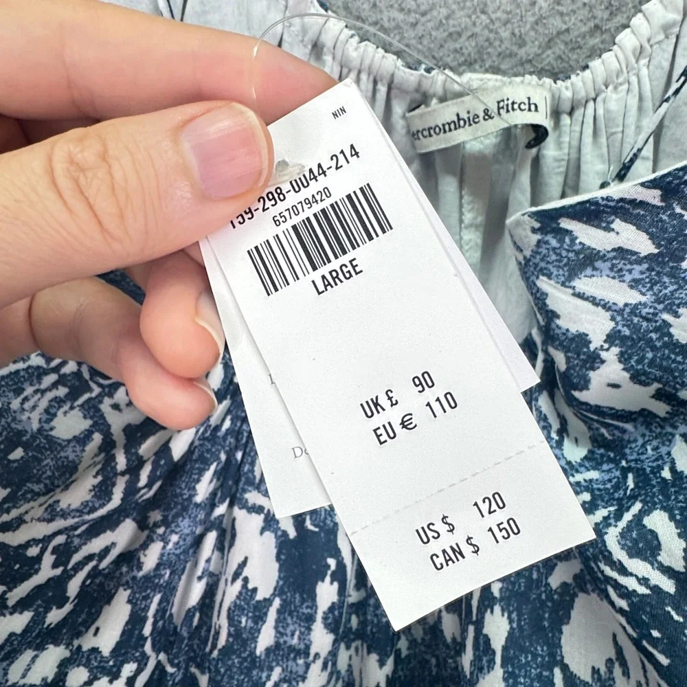Abercrombie Dress Womens L Blue White Batik Tiered Maxi Tie Strap Boho Beach